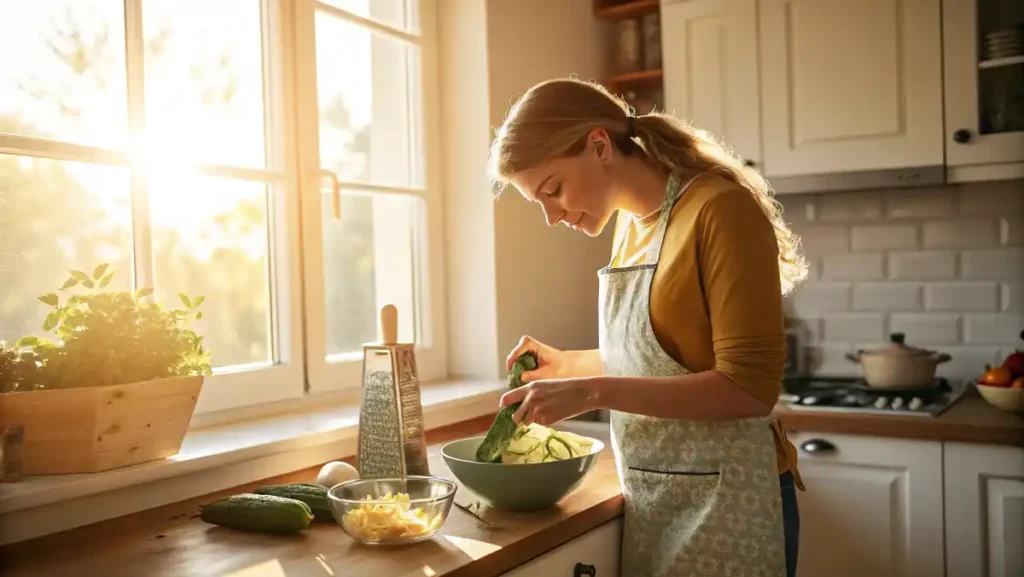Grating fresh zucchini for quick zucchini bread by a sunny kitchen window