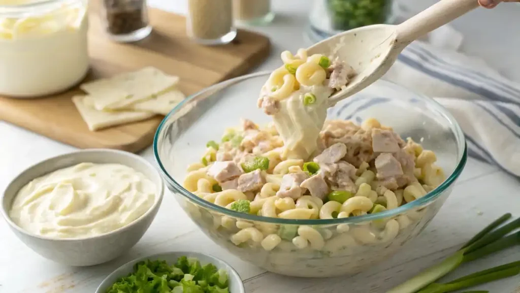 Preparing a creamy tuna macaroni salad, with ingredients being gently folded into a rich mayonnaise dressing in a large glass bowl.