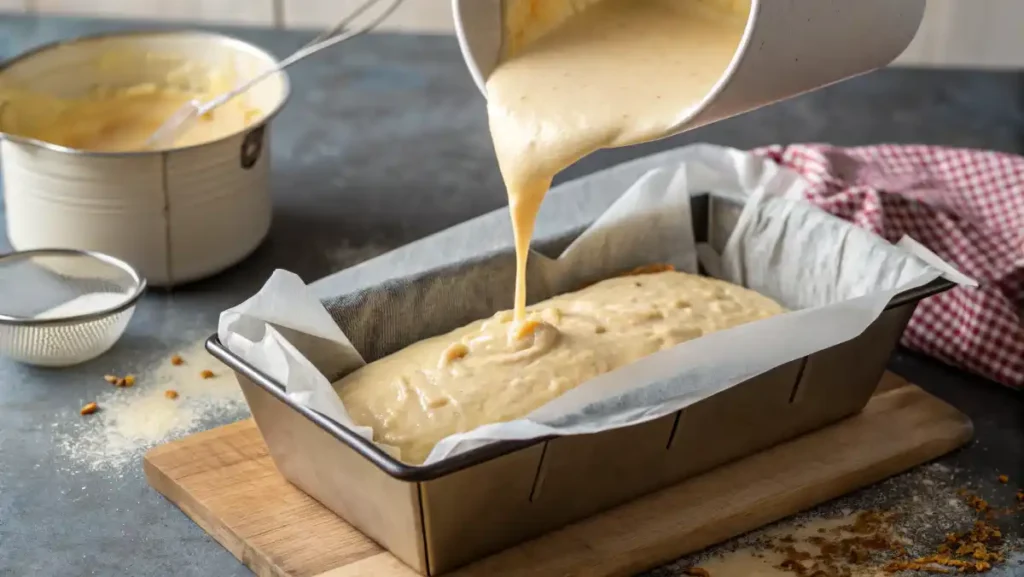 Pouring quick zucchini bread batter into a parchment-lined loaf pan
