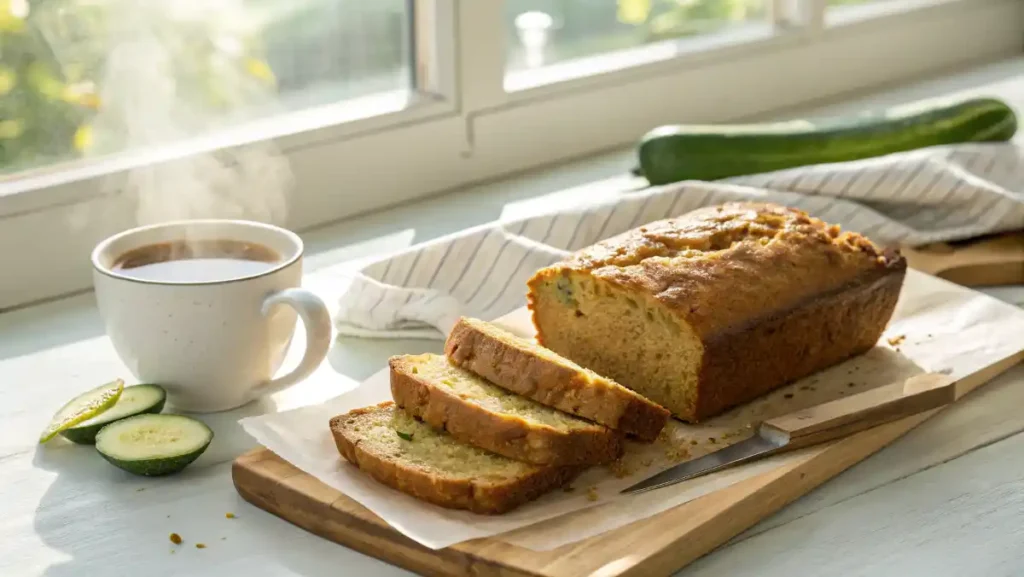 Easy Zucchini Bread - Bright, airy photo of a golden-brown zucchini bread loaf on a sunlit countertop, sliced thick, with a cup of coffee.