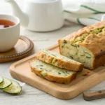 Sliced quick zucchini bread loaf on a wooden board next to a cup of tea