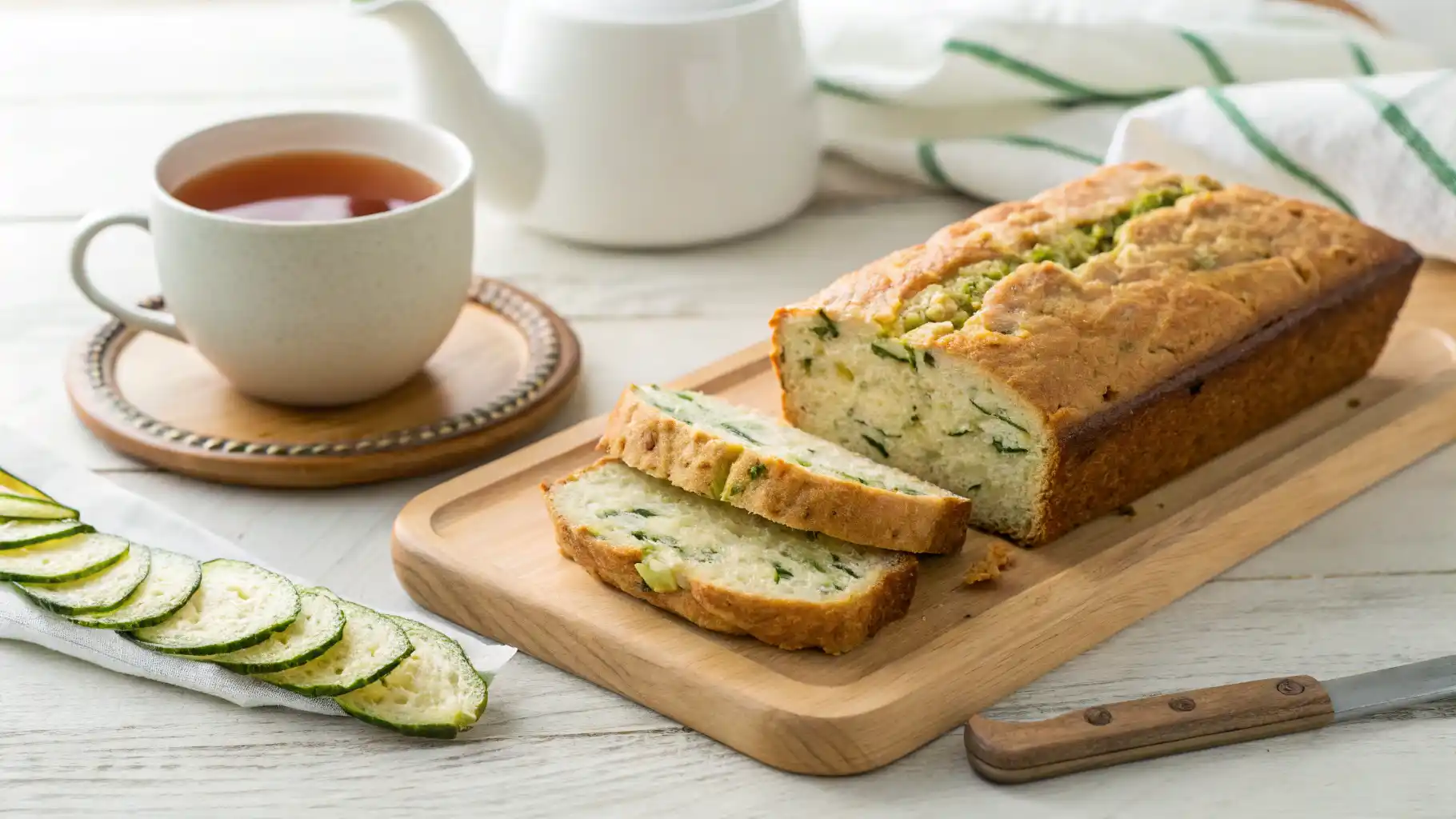 Sliced quick zucchini bread loaf on a wooden board next to a cup of tea