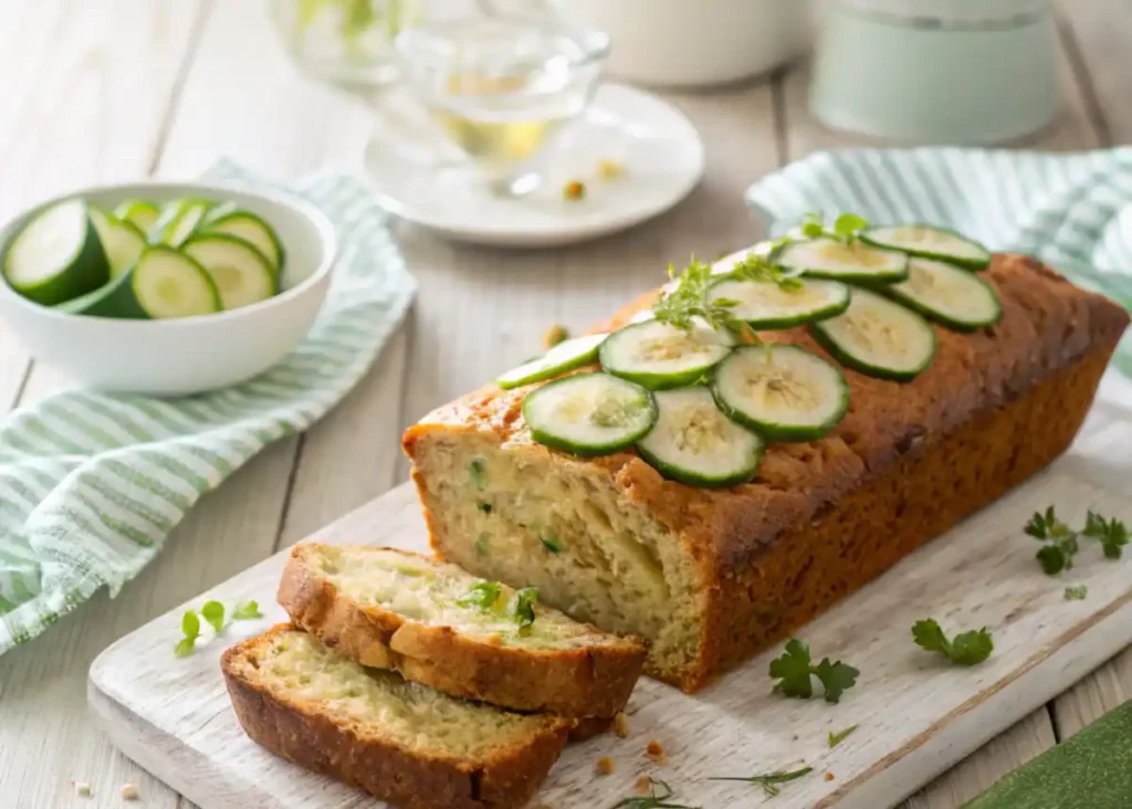 Freshly baked zucchini bread sliced on a light wood table with fresh greenery.