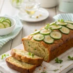 Freshly baked zucchini bread sliced on a light wood table with fresh greenery.