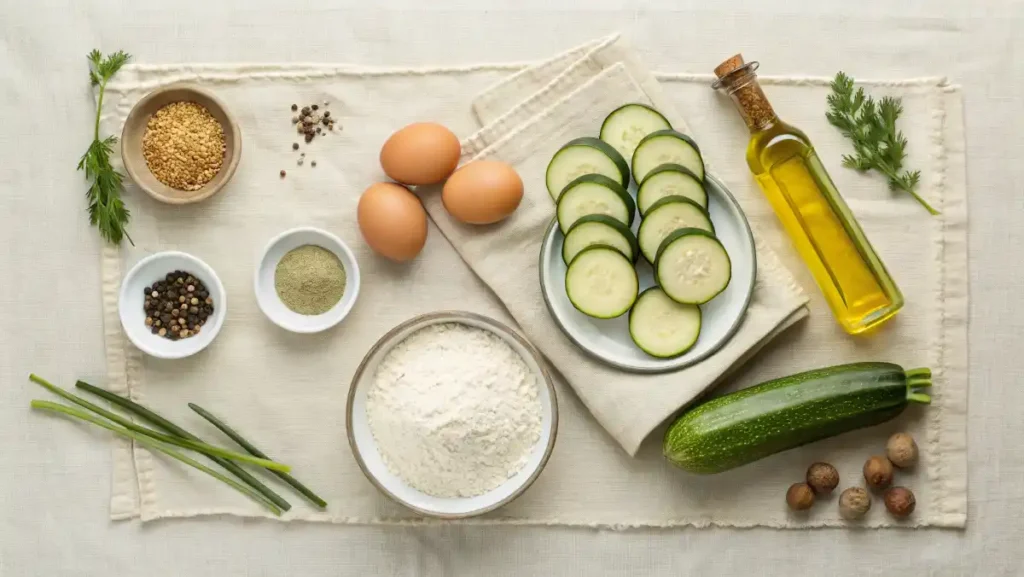 Ingredients for zucchini bread arranged neatly on a neutral linen surface.