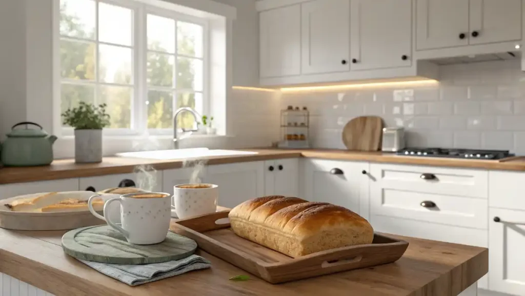 Bright kitchen with freshly baked zucchini bread loaf and mugs of tea.