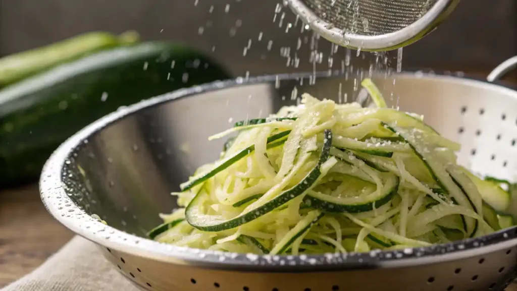 Shredded zucchini sparkling with moisture in a metal colander.