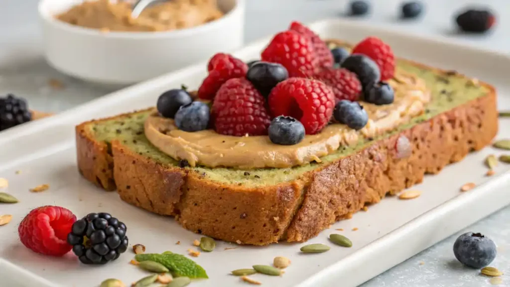 Close-up of toasted quick zucchini bread slice topped with almond butter and berries