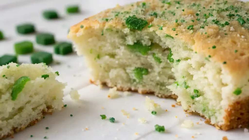 Close-up of zucchini bread crumb with green zucchini flecks.