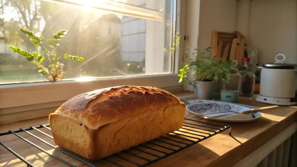 Golden quick zucchini bread loaf cooling on a wire rack by a window