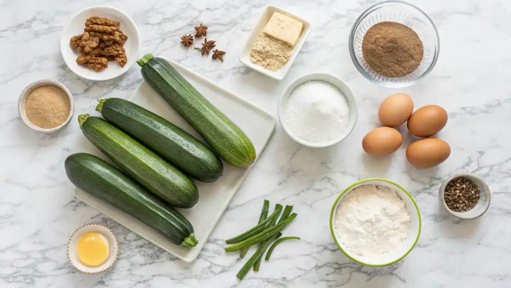 Fresh ingredients for quick zucchini bread laid out on a marble countertop