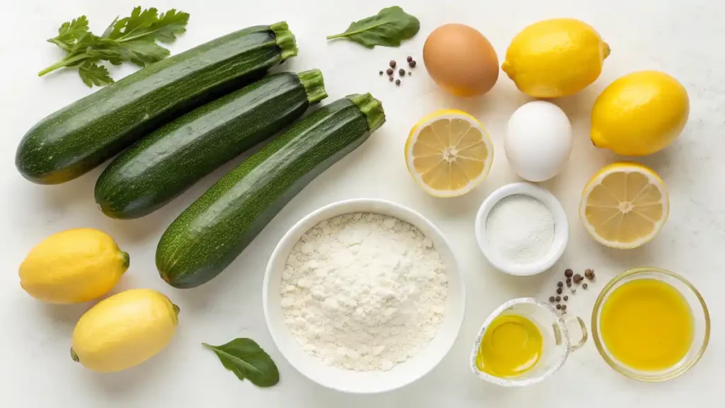 Easy Zucchini Bread - Flat lay of fresh zucchini, lemons, eggs, flour, and oil—vibrant and clean.