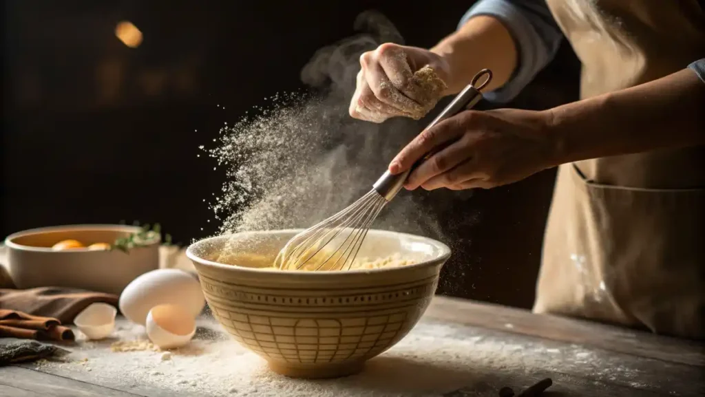 Easy Zucchini Bread - Action shot of Amber’s hands whisking batter in a ceramic bowl, flour swirling.