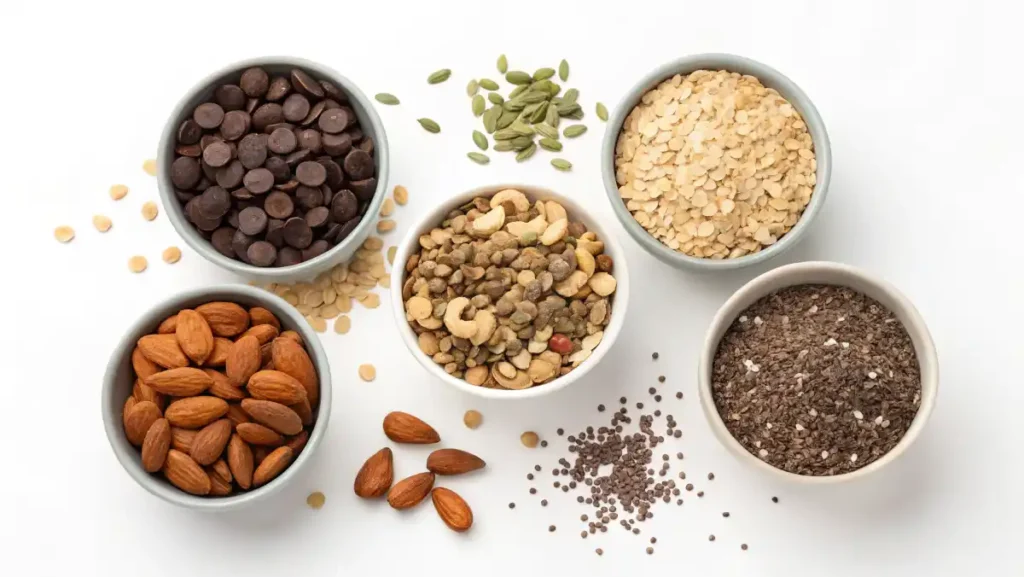 Assorted mix-ins for zucchini bread—chocolate chips, nuts, and seeds in small bowls.