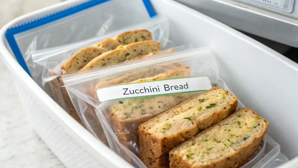 Individually sliced zucchini bread stored in a labeled freezer bag.