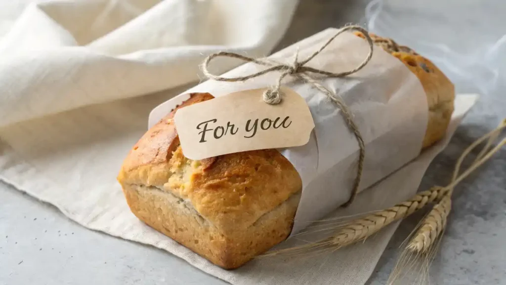 Mini loaf of zucchini bread, wrapped in parchment with a handwritten “For You” label.