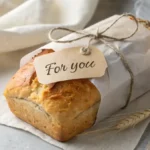 Mini loaf of zucchini bread, wrapped in parchment with a handwritten “For You” label.