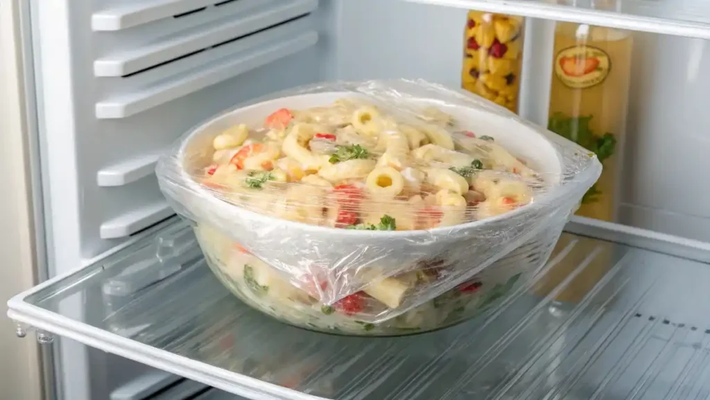 A large bowl of macaroni salad covered in plastic wrap, resting on a shelf inside a refrigerator.