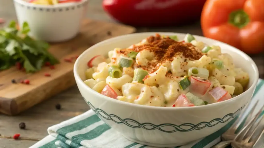 A close-up of a hand sprinkling red paprika over a finished bowl of creamy macaroni salad.