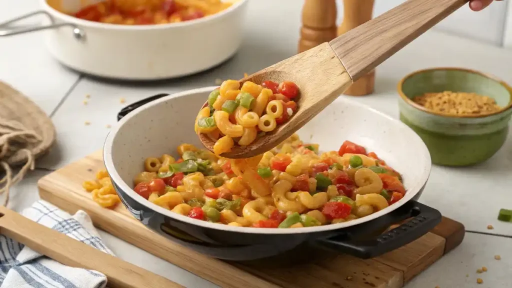A wooden spatula gently folding the creamy dressing into the macaroni salad, coating every piece.