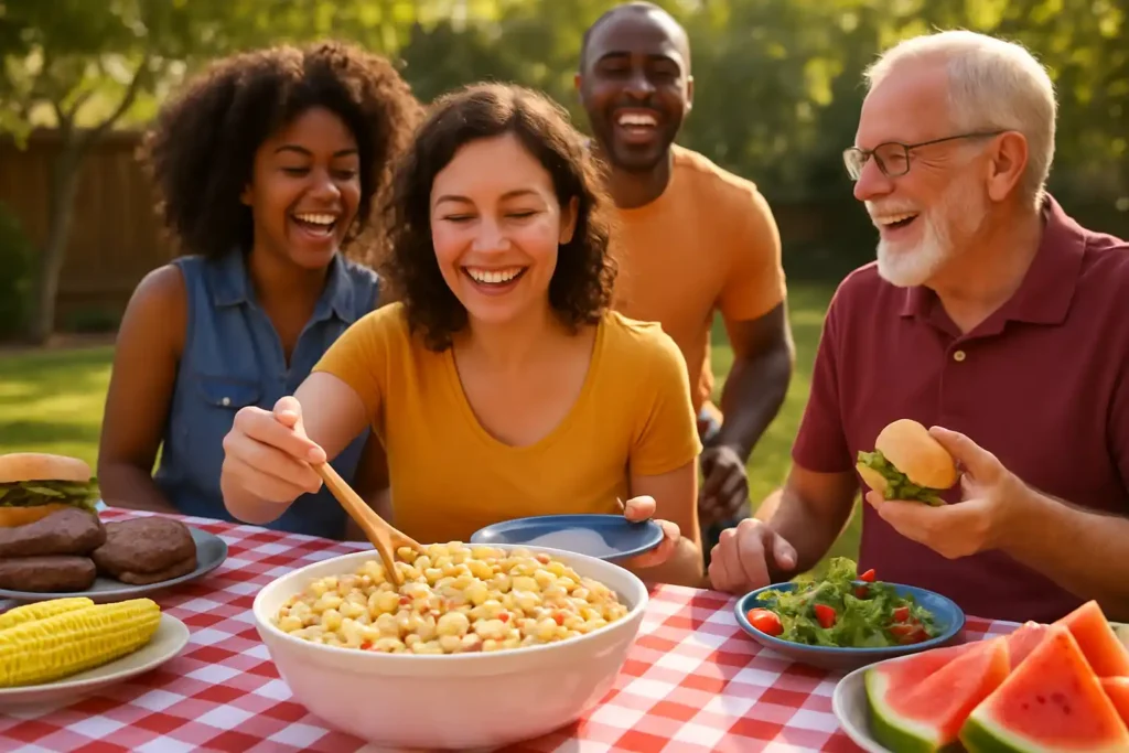 A woman serving homemade macaroni salad from a large bowl onto a plate at a family picnic, showing the recipe being enjoyed.