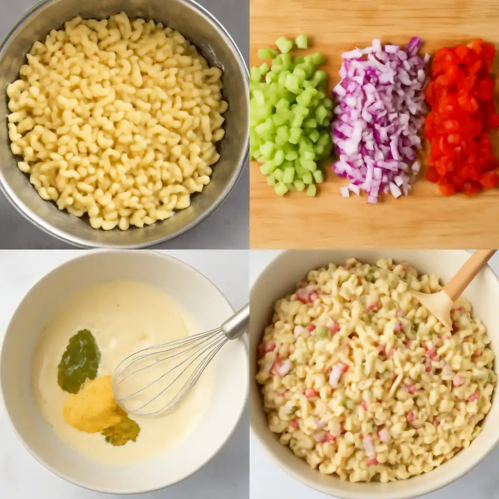 Cooked elbow macaroni being folded into the creamy dressing and chopped vegetables in a large bowl, showing how to combine the macaroni salad.