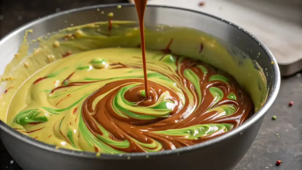 Gooey, vibrantly textured batter in a bowl, swirling with visible zucchini flecks.