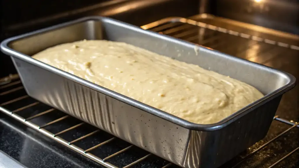 Zucchini bread batter smoothed in a loaf pan ready to bake.