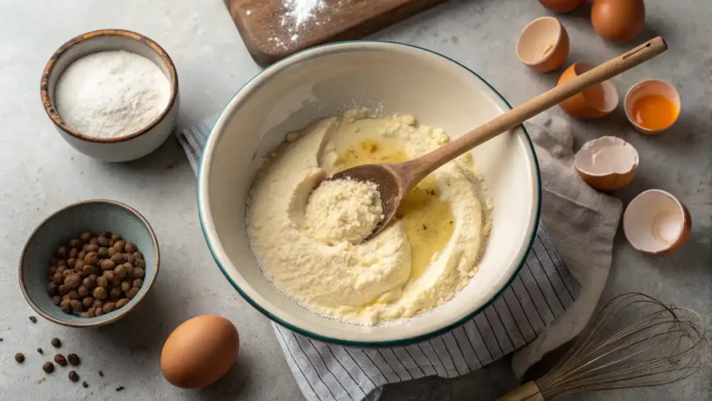 Zucchini bread batter being gently mixed in a bowl with a wooden spoon.