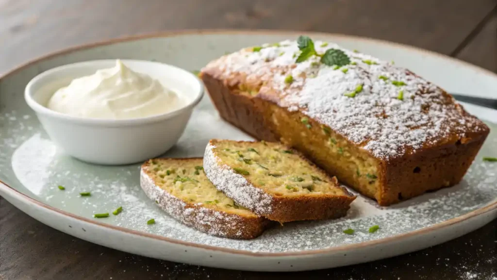 Easy Zucchini Bread - Plate of toasted zucchini bread with a snowy dusting of powdered sugar, side of blueberries and yogurt.