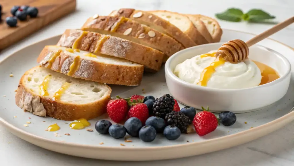 Served zucchini bread slice with Greek yogurt, honey drizzle, and fresh berries.