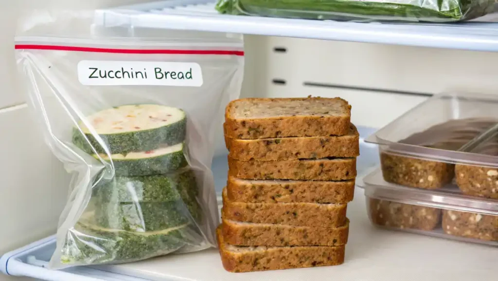 Individually wrapped slices of quick zucchini bread ready for freezing