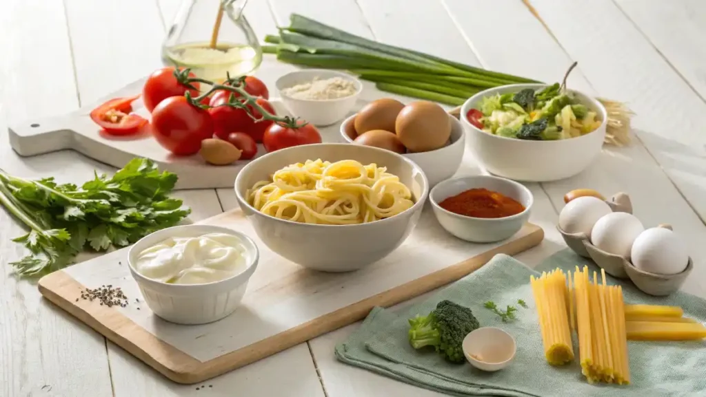 All the fresh ingredients for a classic macaroni salad, including pasta, mayonnaise, celery, red onion, and eggs, arranged on a light wooden countertop.