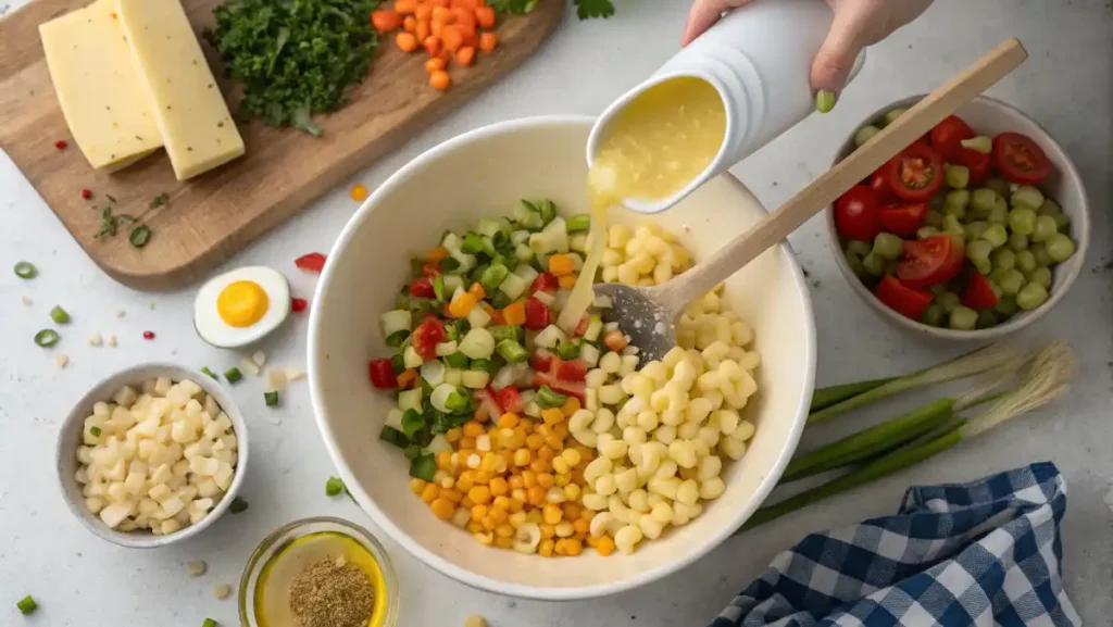 A rubber spatula gently folding cooked pasta and vegetables into the creamy dressing in a large bowl.