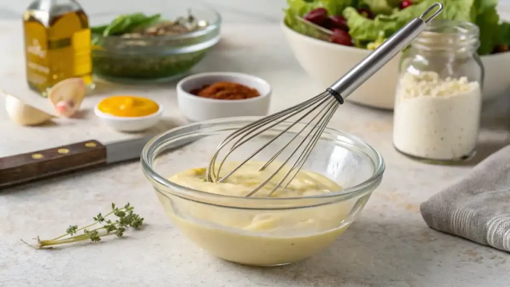 A wire whisk blending mayonnaise, Dijon mustard, and vinegar into a smooth, creamy dressing in a small glass bowl.