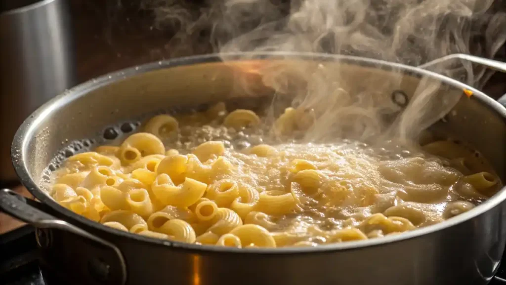 Elbow macaroni pasta boiling vigorously in a stainless steel pot of water on a stove.