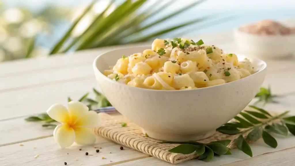 A large white ceramic bowl filled with creamy Hawaiian macaroni salad, set on a light wooden table with tropical leaves in the background.