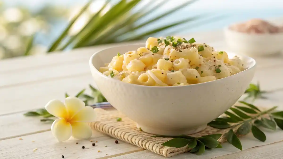 A large white ceramic bowl filled with creamy Hawaiian macaroni salad, set on a light wooden table with tropical leaves in the background.