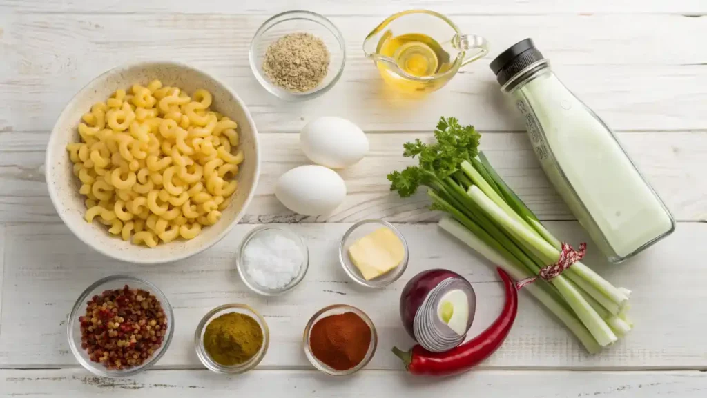 A flat lay of all the fresh ingredients needed to make the best macaroni salad, including pasta, mayonnaise, and vegetables.