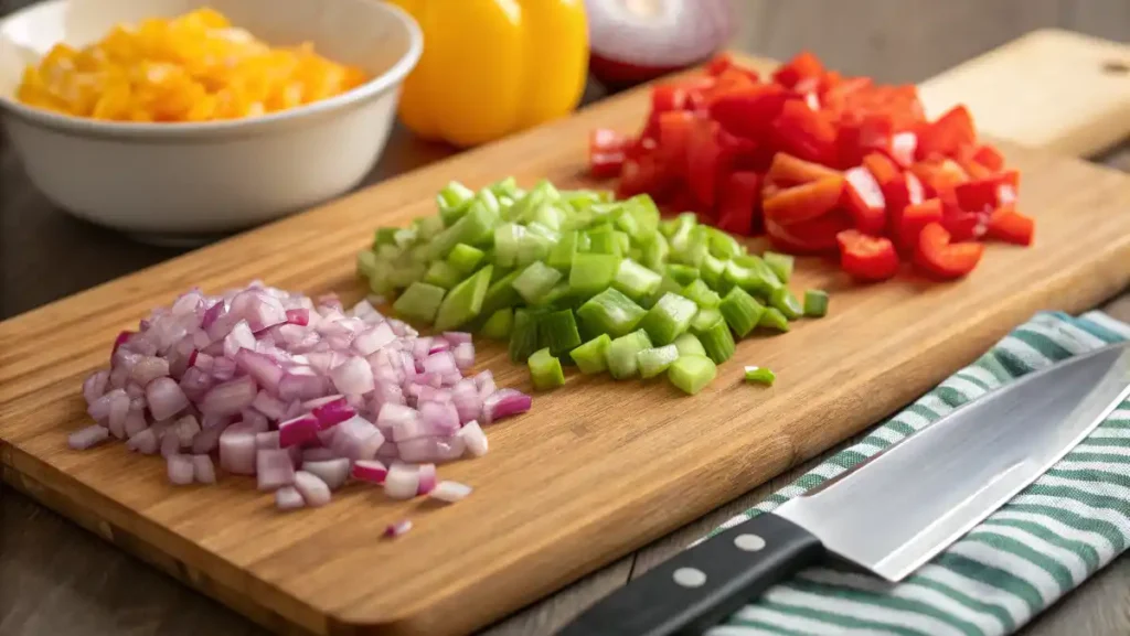 Finely diced celery, red onion, and bell pepper on a wooden cutting board for macaroni salad.