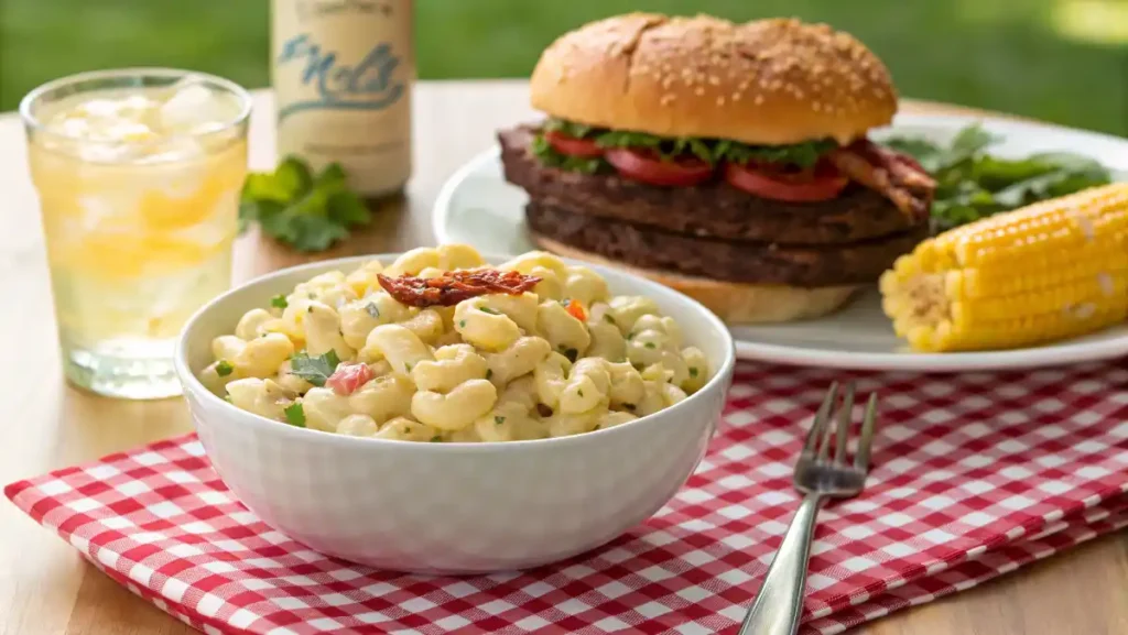 A bowl of the best macaroni salad served on a picnic blanket next to a grilled hamburger.