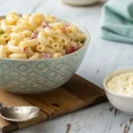 Adding a spoonful of mayonnaise to a bowl of macaroni salad to restore its creaminess.