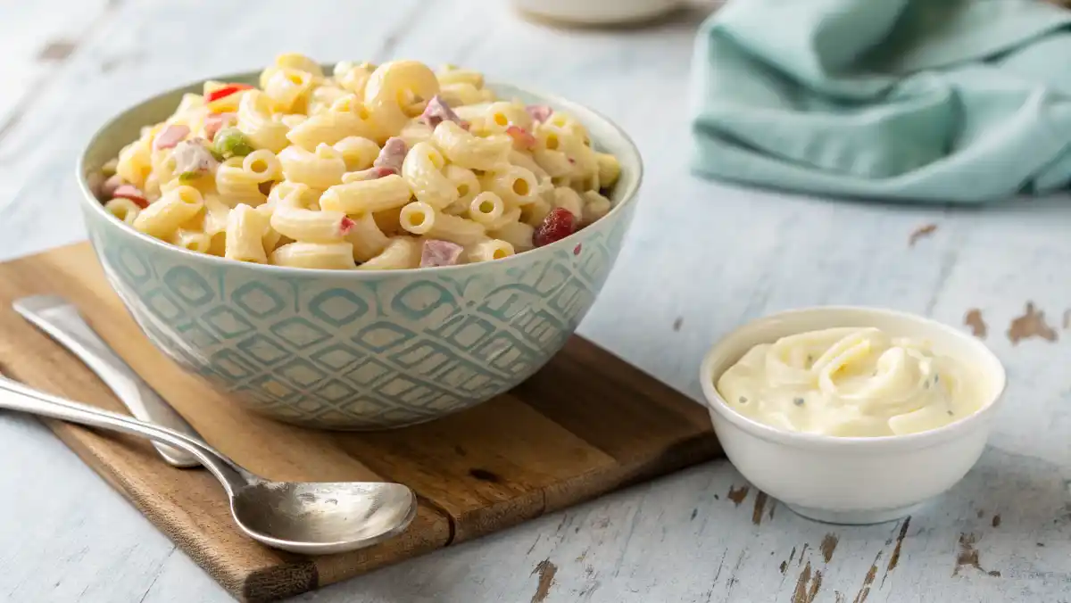 Adding a spoonful of mayonnaise to a bowl of macaroni salad to restore its creaminess.
