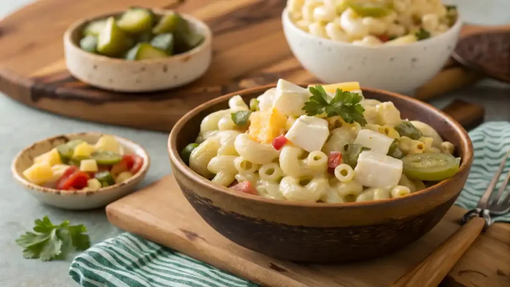 A rustic bowl of macaroni salad with added chunks of cheddar cheese and sweet pickles.