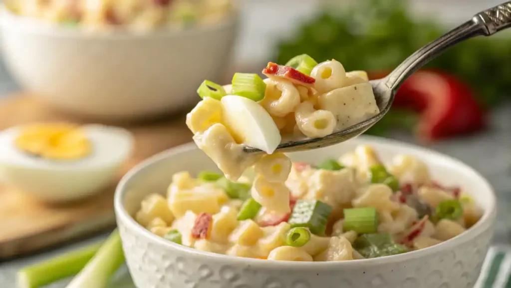 A macro close-up of a spoonful of creamy macaroni salad, showing the perfect texture.