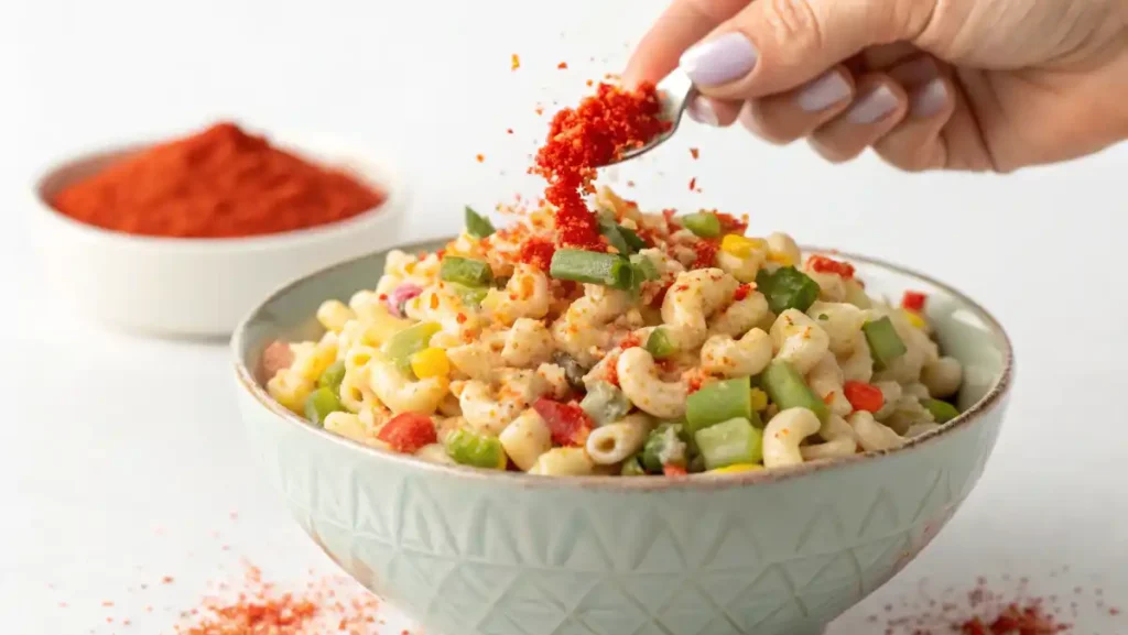 A hand sprinkling bright red paprika over a finished bowl of the best macaroni salad.