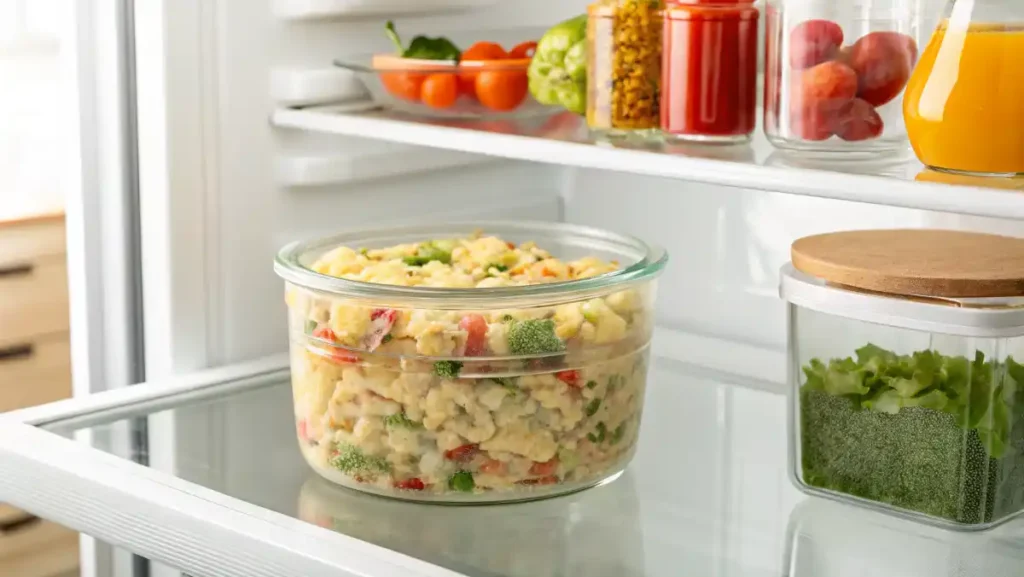 Leftover macaroni salad in a sealed glass container inside a clean refrigerator.