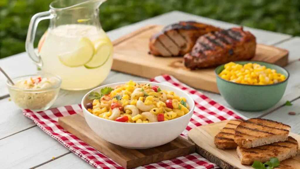 A sunny picnic table featuring a large bowl of macaroni salad next to grilled chicken, corn on the cob, and glasses of lemonade.
