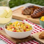 A sunny picnic table featuring a large bowl of macaroni salad next to grilled chicken, corn on the cob, and glasses of lemonade.