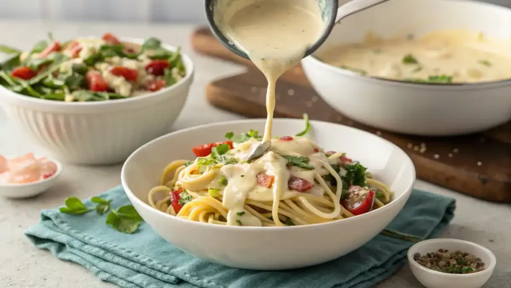 Creamy white macaroni salad dressing being poured from a small bowl over the pasta and vegetable mixture.